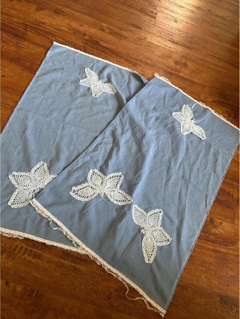 Pair of Blue Cotton Fabric Pieces with White Crochet Butterfly Appliques